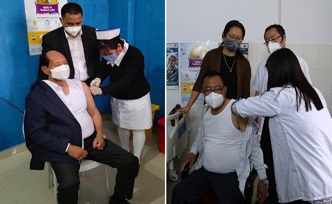 (Left) Nagaland Chief Minister Neiphiu Rio receives the first dose of COVID-19 vaccine at the Naga Hospital Authority Kohima on March 8. (Right) Nagaland Health and Family Welfare Minister, S Pangnyu Phom takes first jab of the at COVID-19 vaccine District Hospital, Dimapur. (Morung Photos)